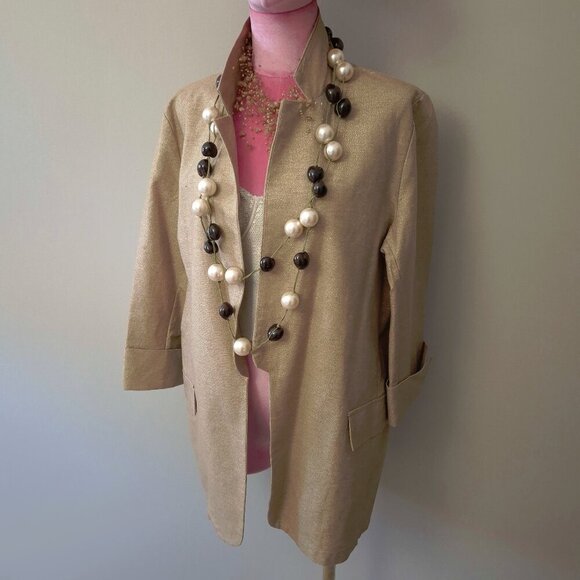 NWT Saiph gold tone metallic sheen shimmer tan camel brown open front blazer, L - Picture 2 of 10